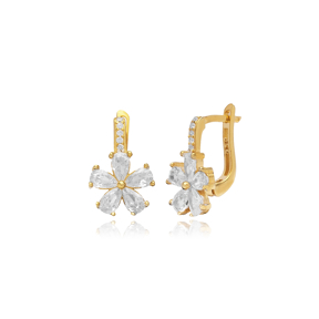 Clear CZ Flower Design Silver Latch Back Earrings Turkish Jewelry