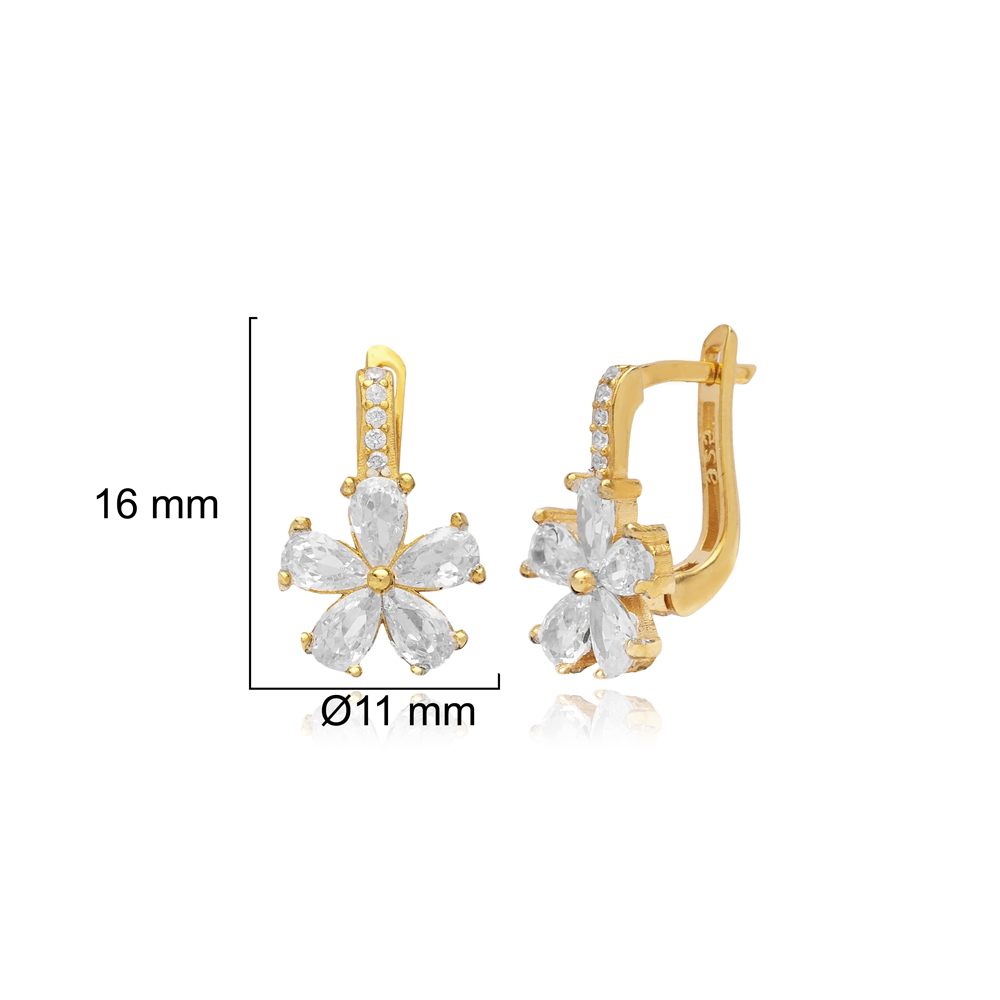 Clear CZ Flower Design Silver Latch Back Earrings Turkish Jewelry