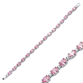 Oval Pink Quartz CZ Silver Tennis Bracelet