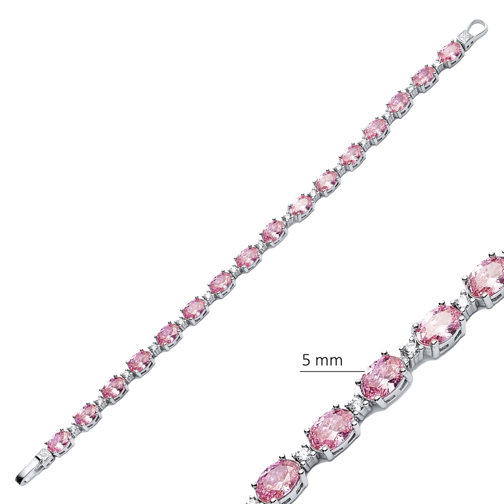 Oval Pink Quartz CZ Silver Tennis Bracelet