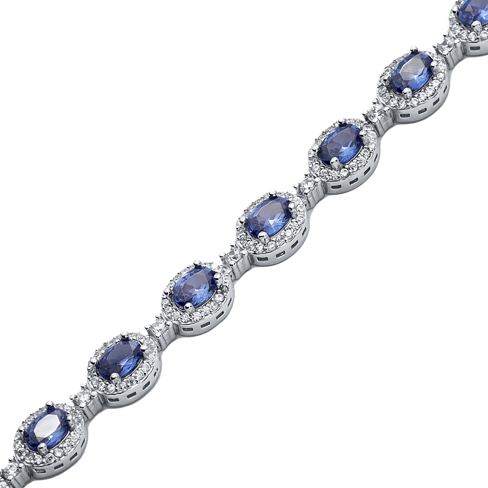 Silver Oval Shape Tanzanite CZ Tennis Bracelet