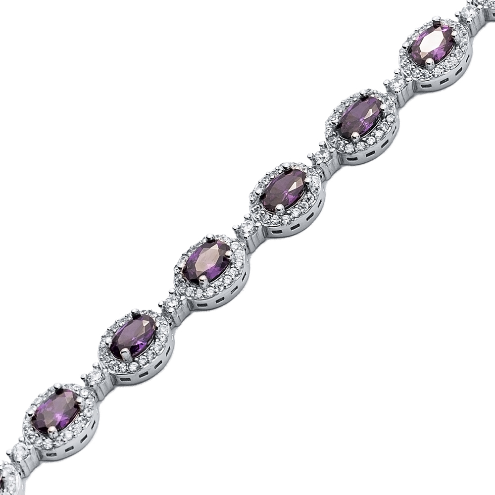 Amethyst Oval CZ Silver Tennis Bracelet