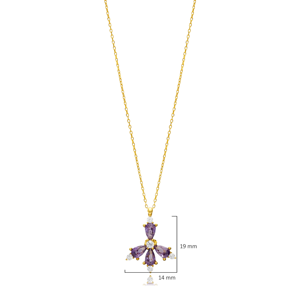 Flower Amethyst CZ Stone Silver Charm Necklace