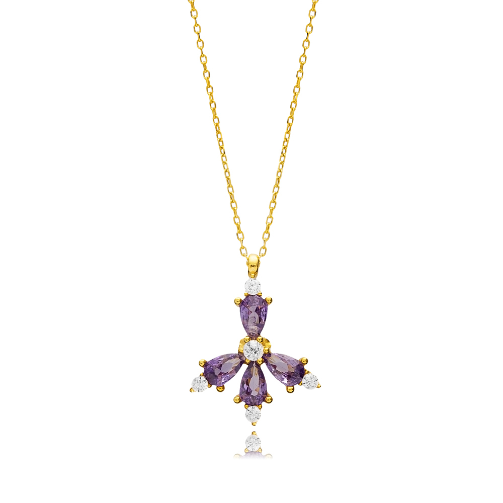 Flower Amethyst CZ Stone Silver Charm Necklace