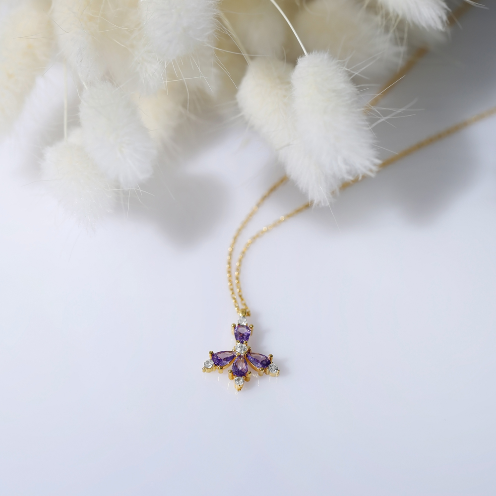 Flower Amethyst CZ Stone Silver Charm Necklace