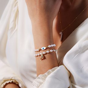 Evil Eye Pearl Silver Charm Bracelet