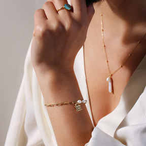 Lock Pearl and Chain Silver Charm Bracelet