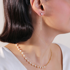 CZ Heart Long Chain Silver Stud Earrings