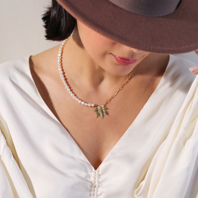 Leaf Paperclip Chain Pearl Silver Necklace