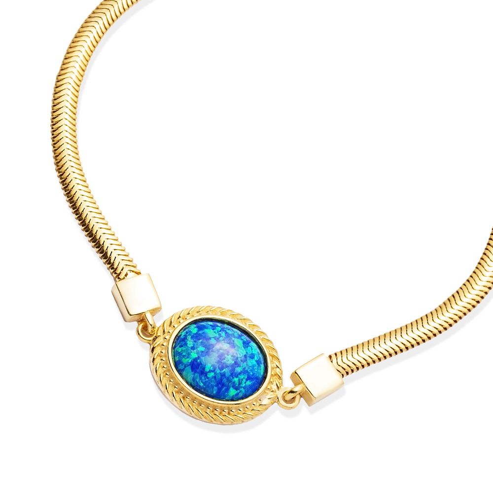 Blue Opal Oval Charm Silver Bracelet