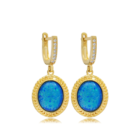 Blue Opal Oval Charm Dangle Earring