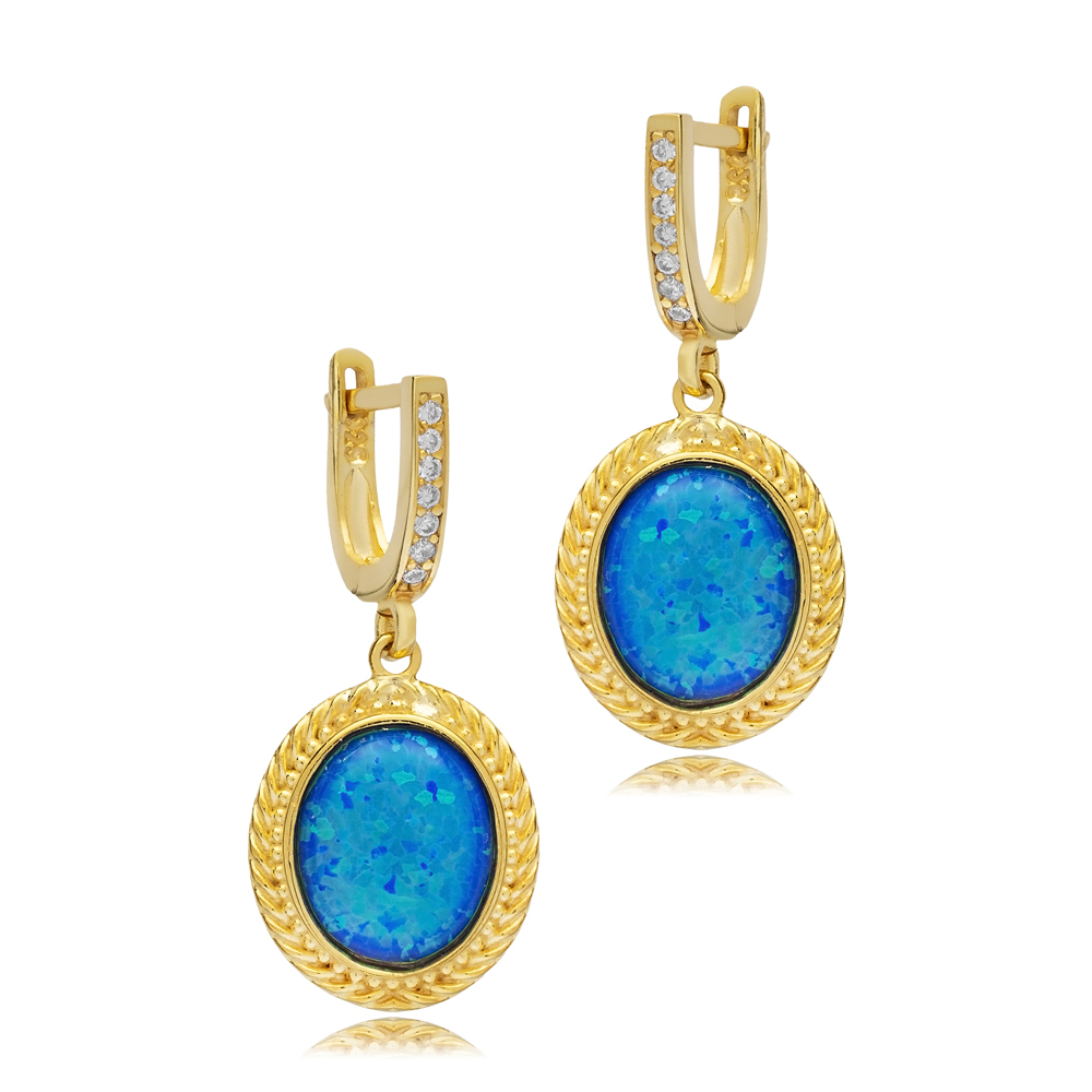 Blue Opal Oval Charm Dangle Earring