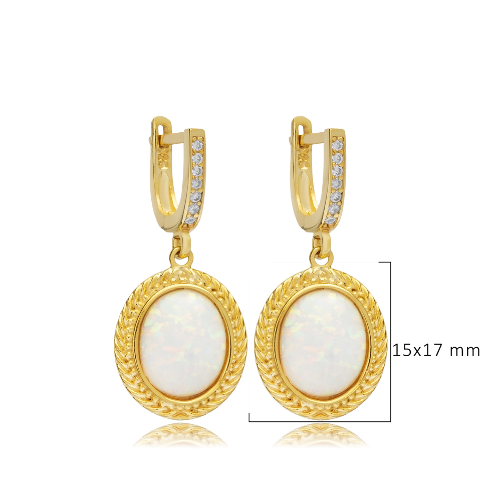 White Opal Oval Charm Dangle Earring