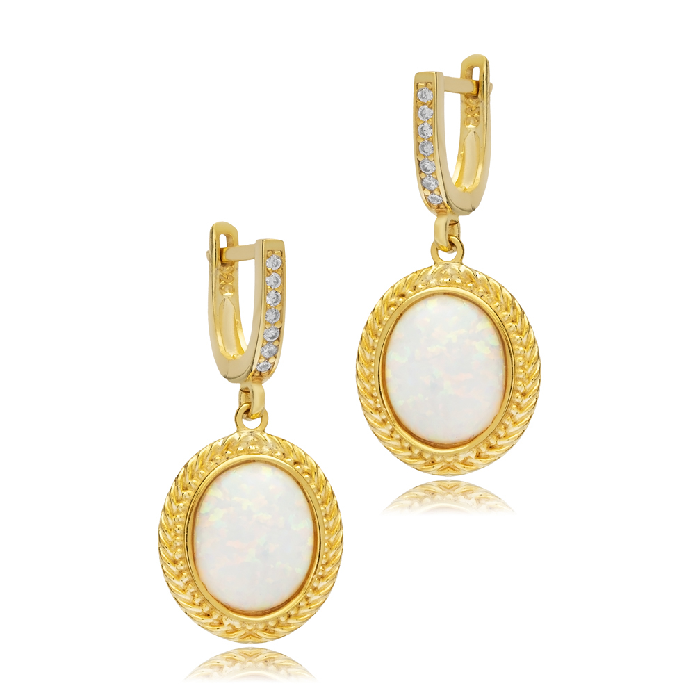 White Opal Oval Charm Dangle Earring