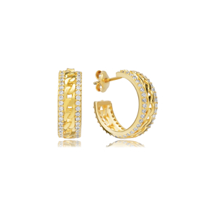 Chain Design Zircon Silver Hoop Earring