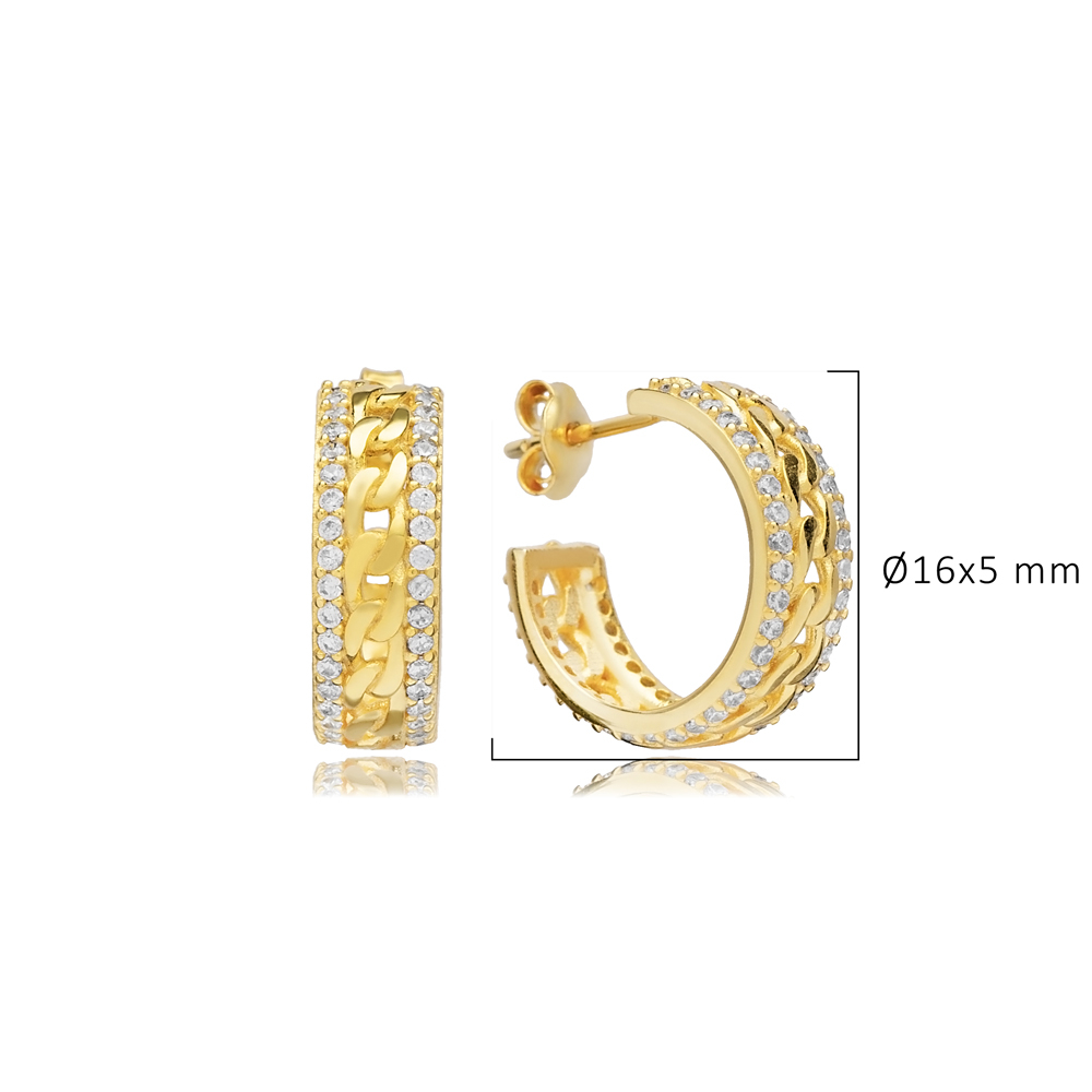 Chain Design Zircon Silver Hoop Earring