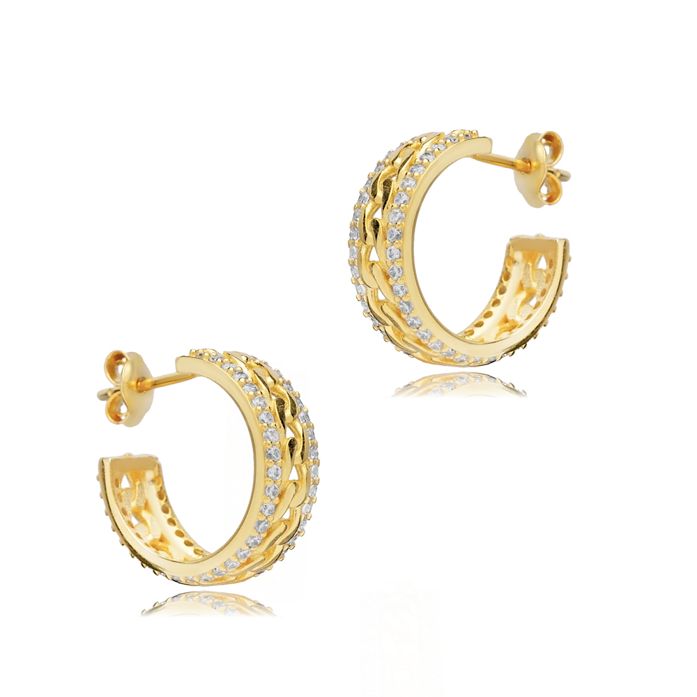 Chain Design Zircon Silver Hoop Earring