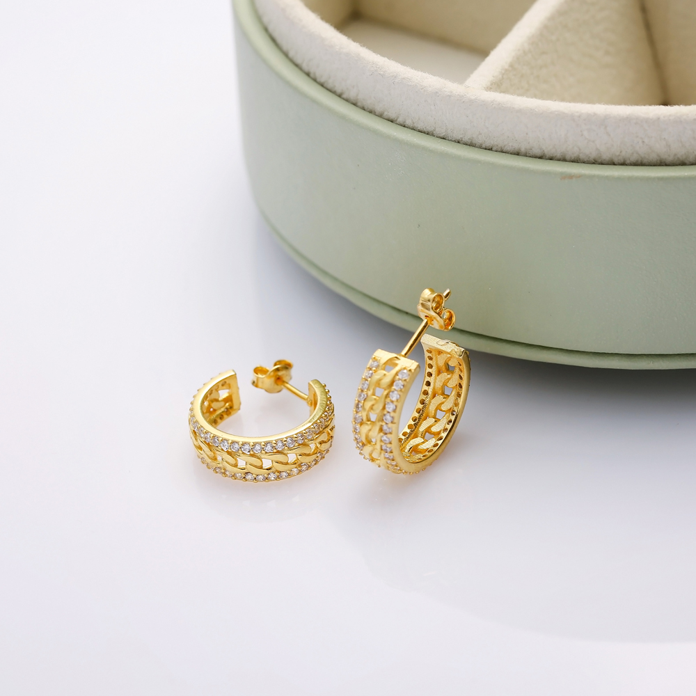 Chain Design Zircon Silver Hoop Earring