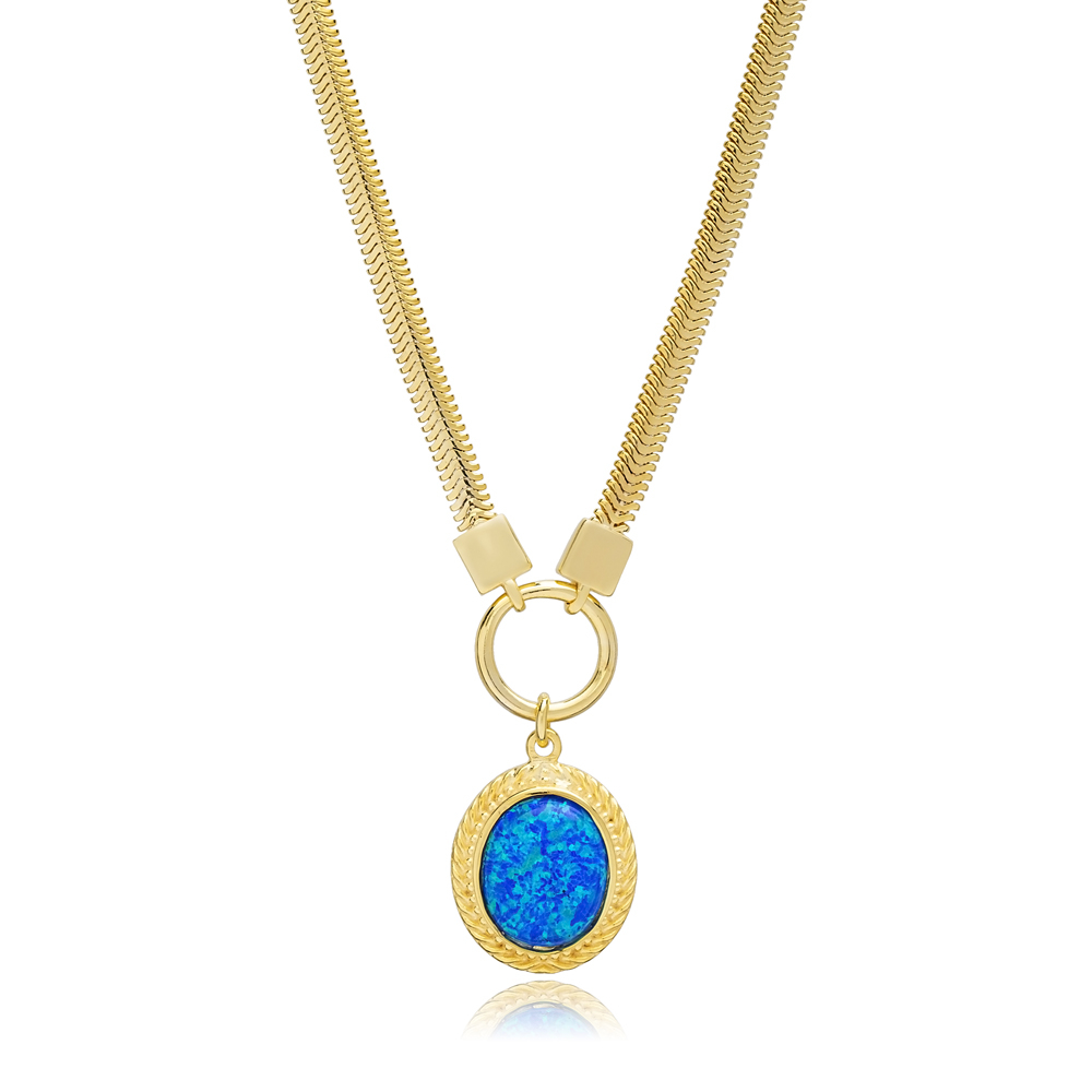 Blue Opal Herringbone 925 Chain Necklace