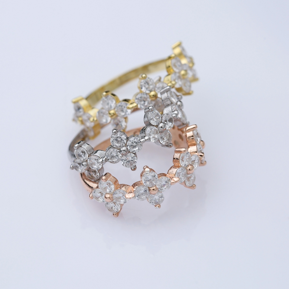 Flower Design Zircon Silver Cluster Ring