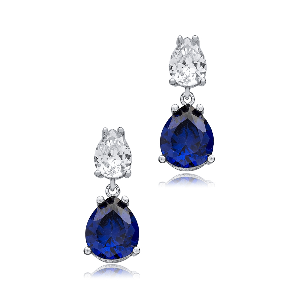 Sapphire Cz Pear Cluster Earrings