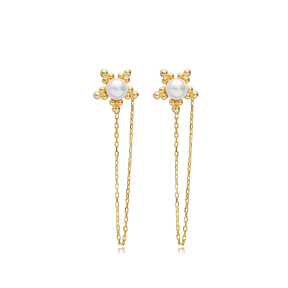 Flower Shape Pearl Chain Stud Earring