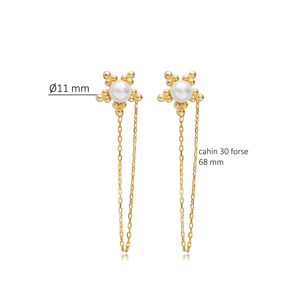 Sun Shape Pearl Chain Stud Earring