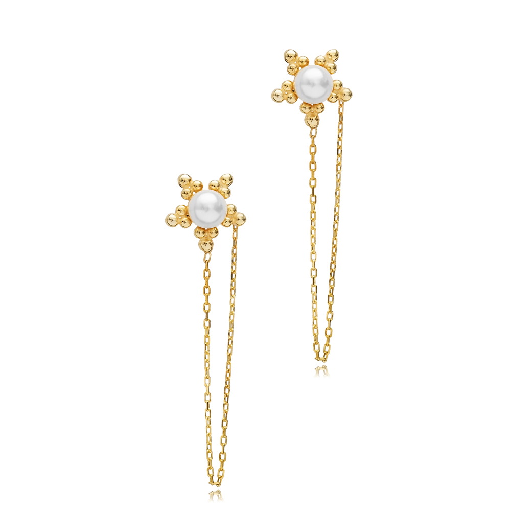 Flower Shape Pearl Chain Stud Earring