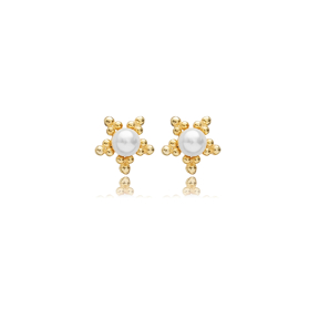 Sun Design Pearl Silver Stud Earring
