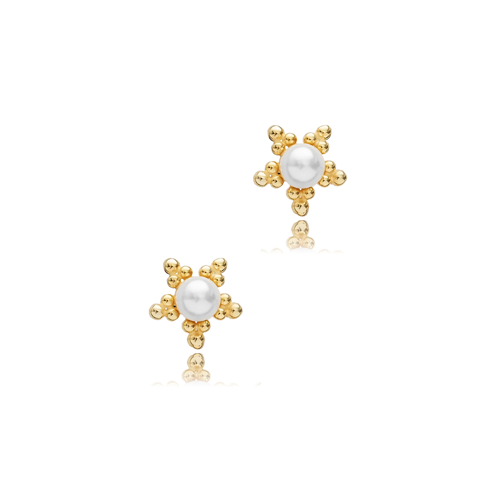 Sun Design Pearl Silver Stud Earring