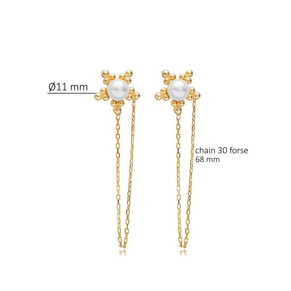 Flower Shape Pearl Chain Stud Earring