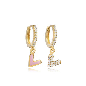Double Sided Pink Enamel Heart Silver Dangle Earring