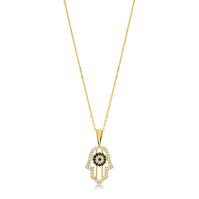 Hamsa Evil Eye Sapphire CZ Silver Necklace