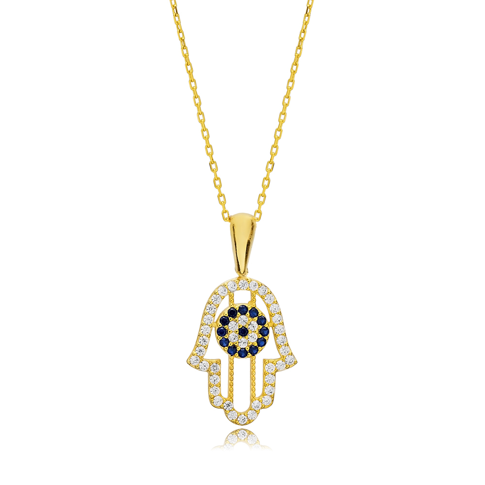 Hamsa Evil Eye Sapphire CZ Silver Necklace