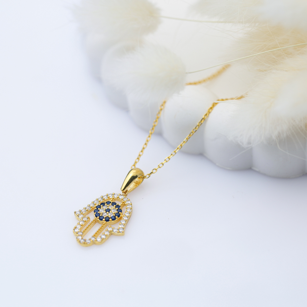 Hamsa Evil Eye Sapphire CZ Silver Necklace