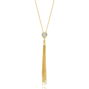 Round Design CZ Silver Tassel Necklace