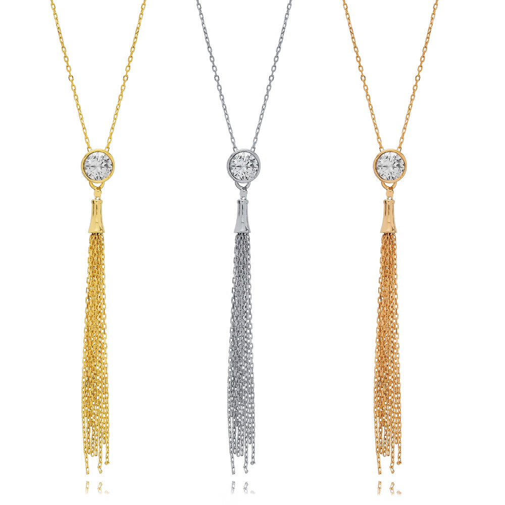 Round Design CZ Silver Tassel Necklace