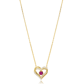 Double Heart Ruby CZ Silver Charm Necklace