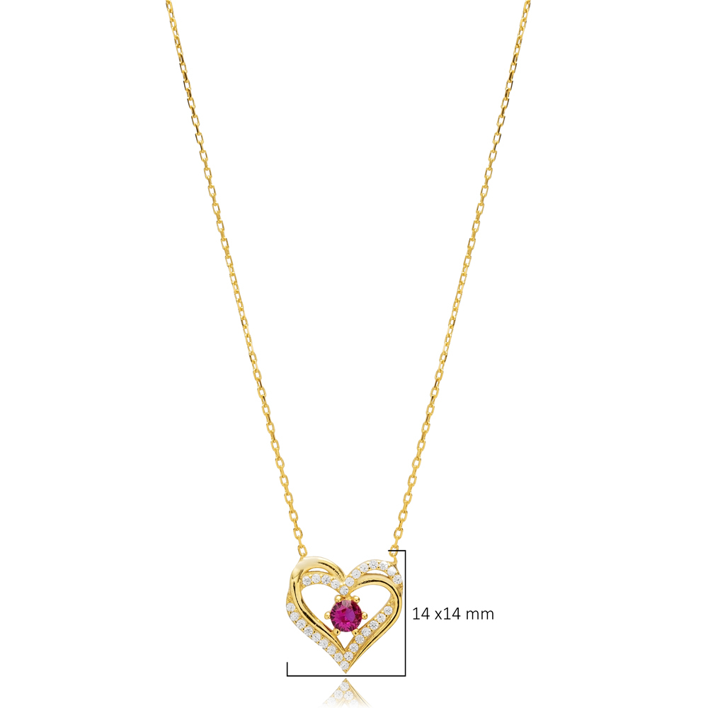 Double Heart Ruby CZ Silver Charm Necklace