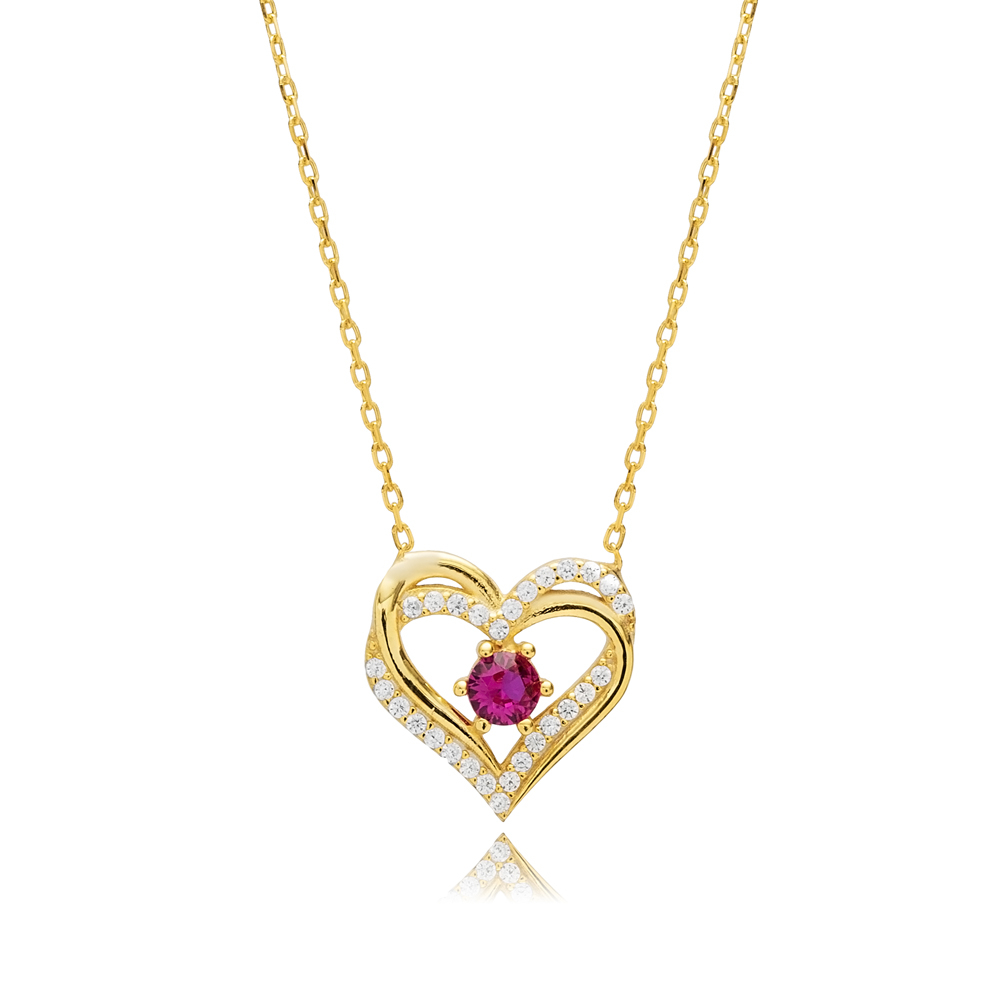 Double Heart Ruby CZ Silver Charm Necklace