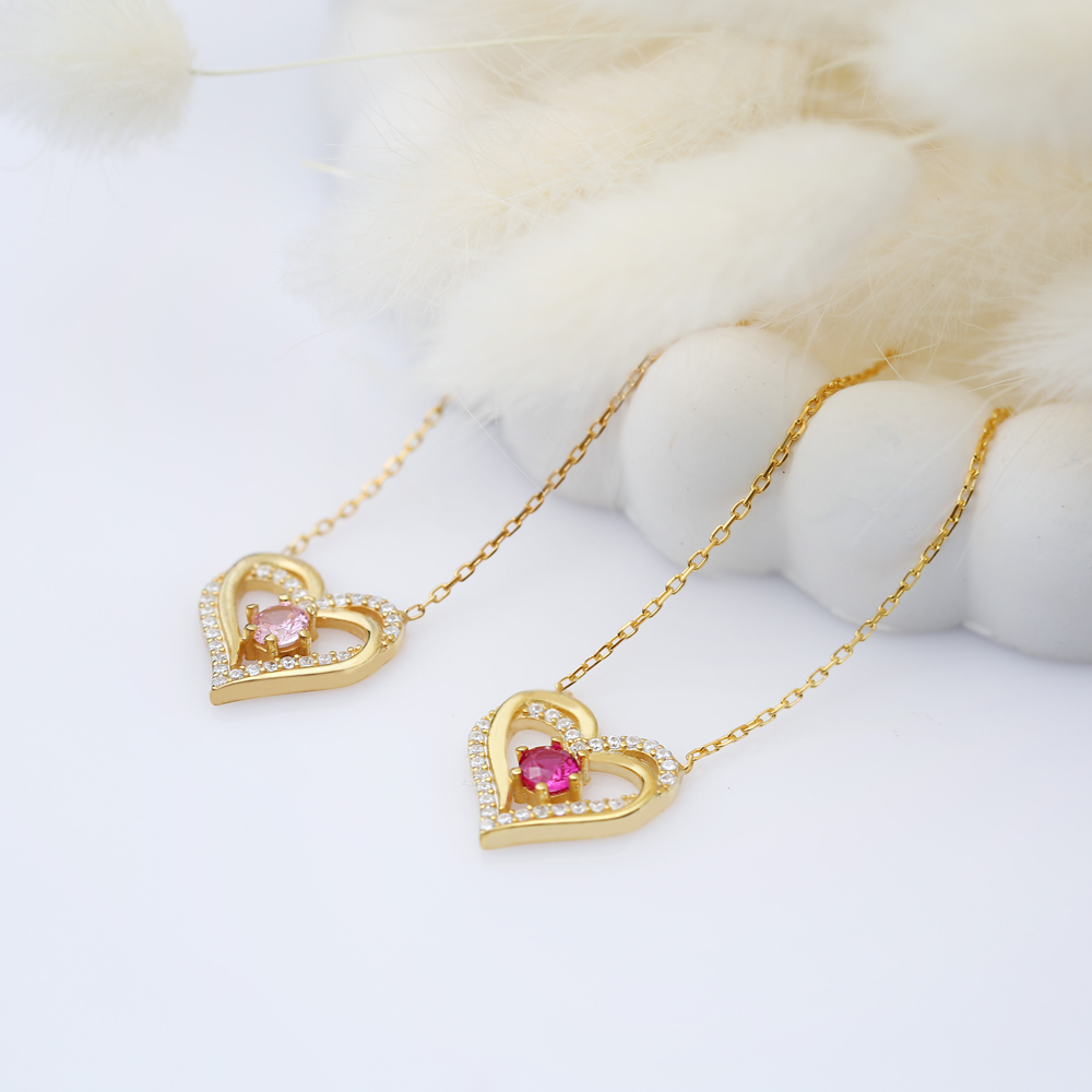 Double Heart Ruby CZ Silver Charm Necklace