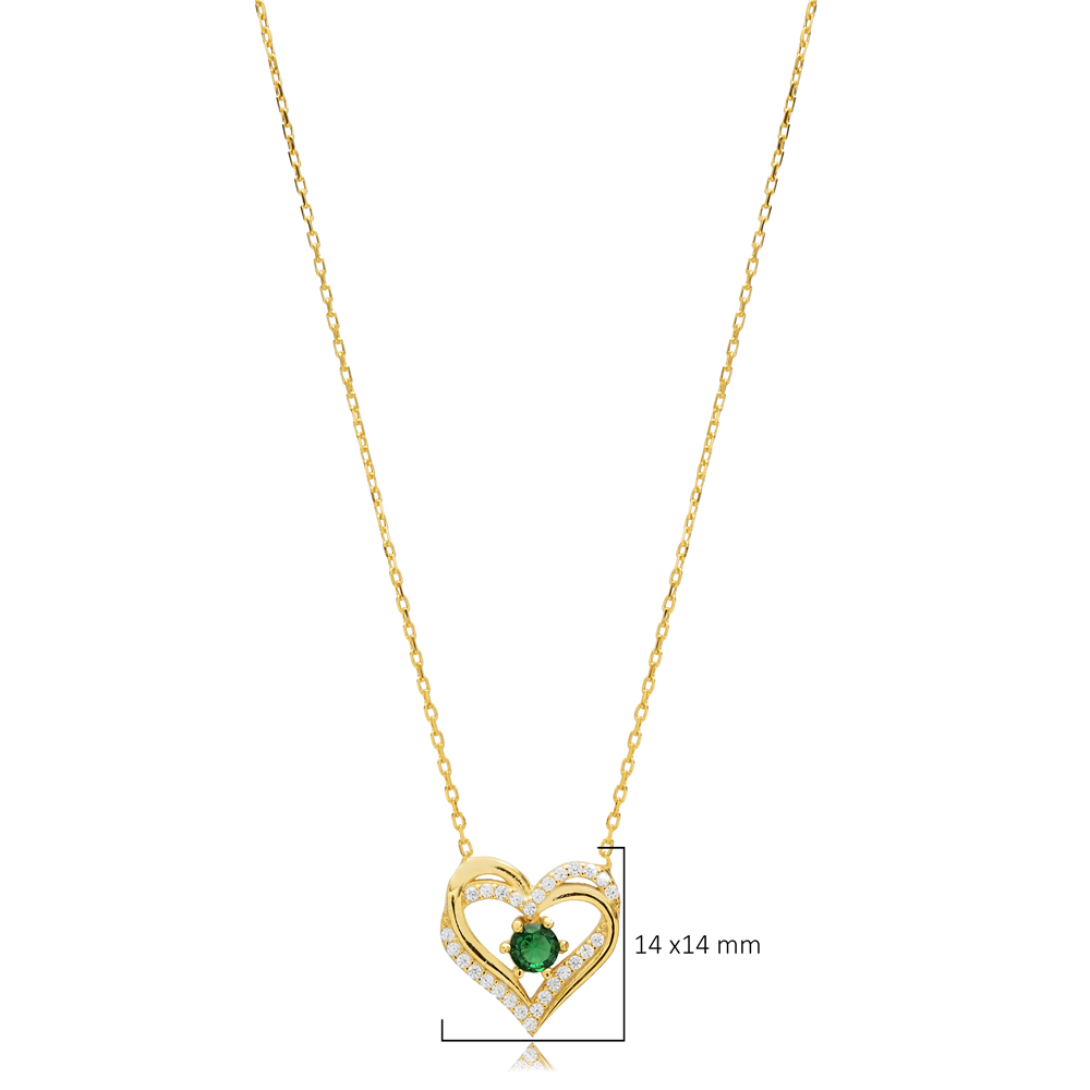 Emerald CZ Double Heart Silver Necklace