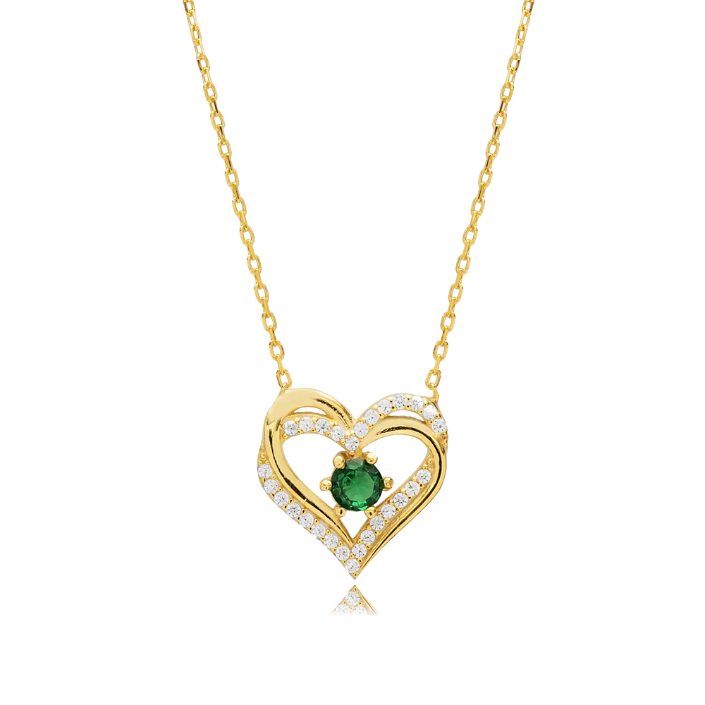 Emerald CZ Double Heart Silver Necklace