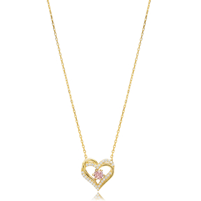 Double Heart Pink CZ Silver Charm Necklace