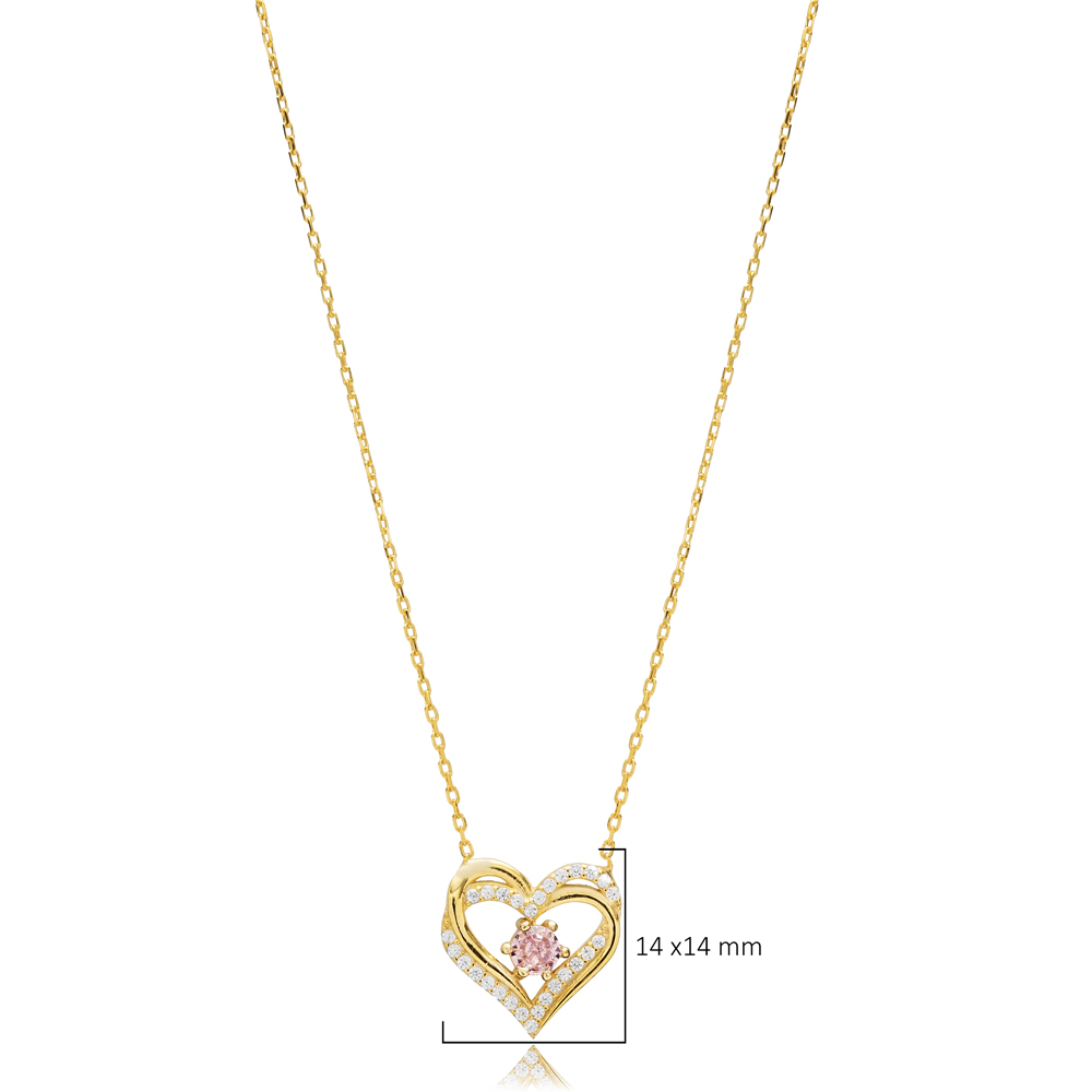 Double Heart Pink CZ Silver Charm Necklace