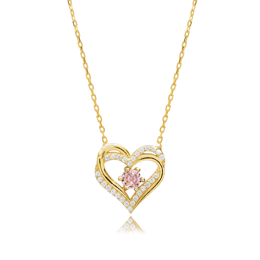 Double Heart Pink CZ Silver Charm Necklace