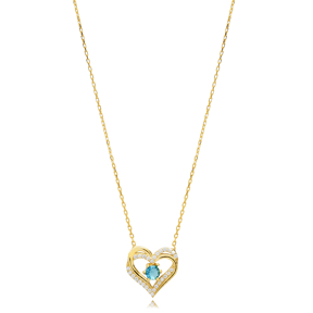 Aquamarine CZ Double Heart Silver Necklace