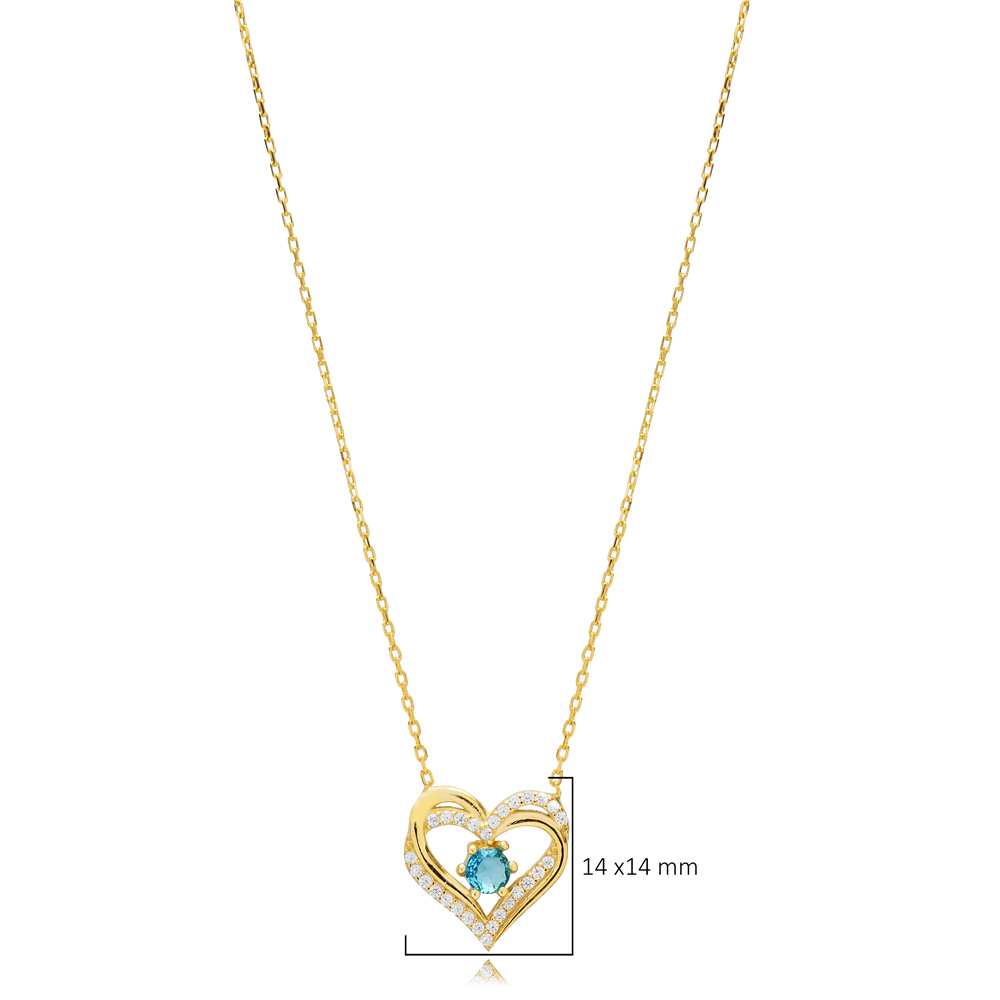 Aquamarine CZ Double Heart Silver Necklace