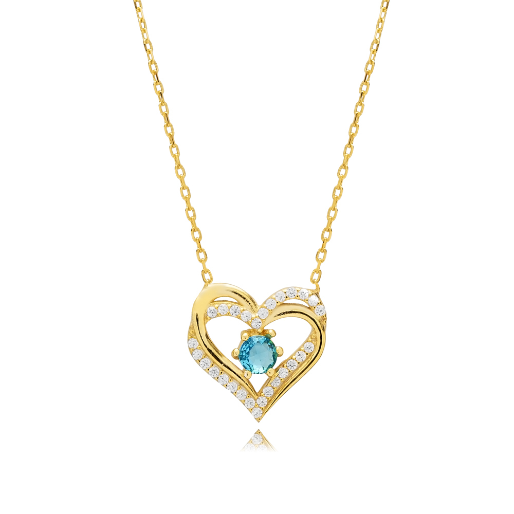 Aquamarine CZ Double Heart Silver Necklace