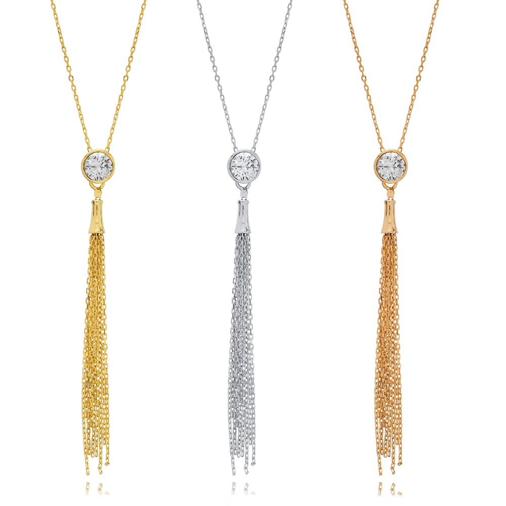 Round Design CZ Silver Tassel Necklace